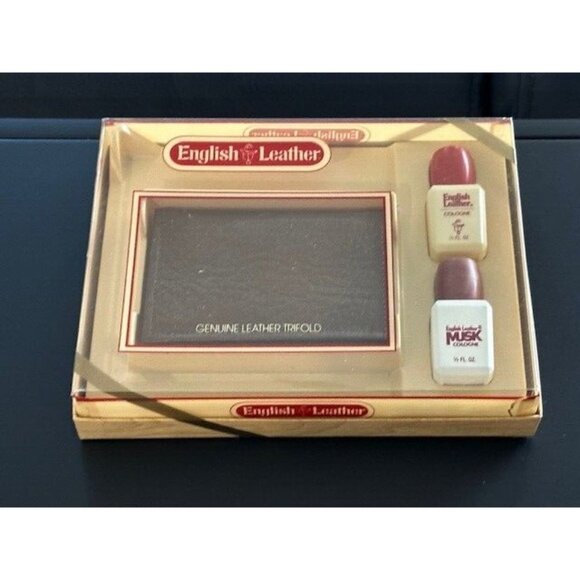 English Leather Set Cologne Leather Trifold Wallet Brown Pebbled Vtg 077198 NOS